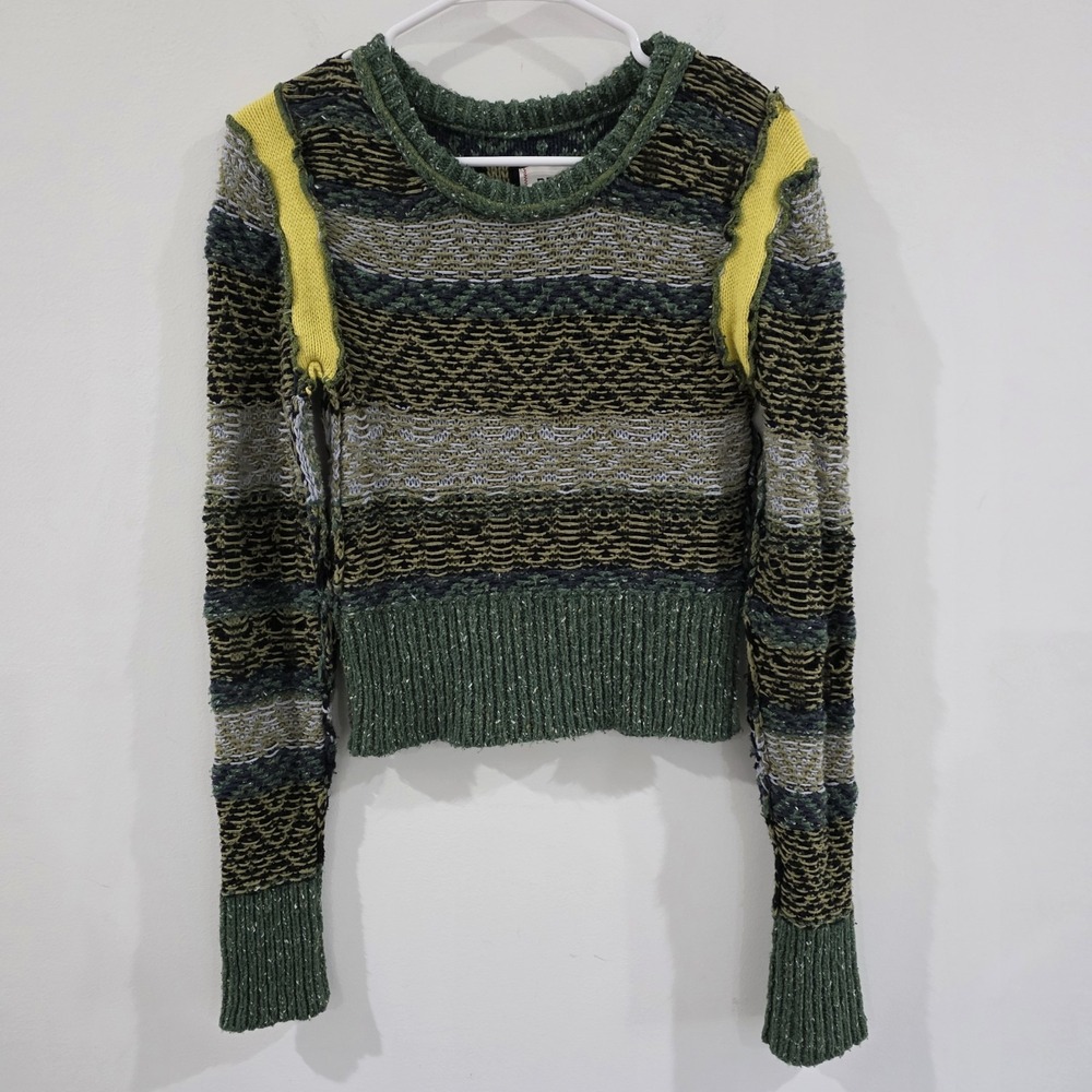 Bdg Womens Noah Crew Neck Sweater Size Medium Fringe‎ Raw Hem Fair Isle
